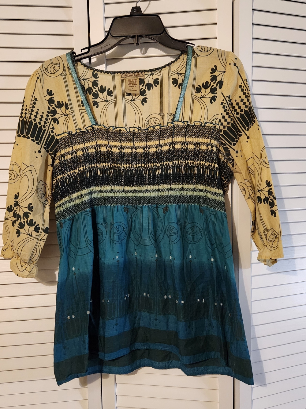 Art And Soul Teal and Mustard Mixed-Print Smocked Tunic